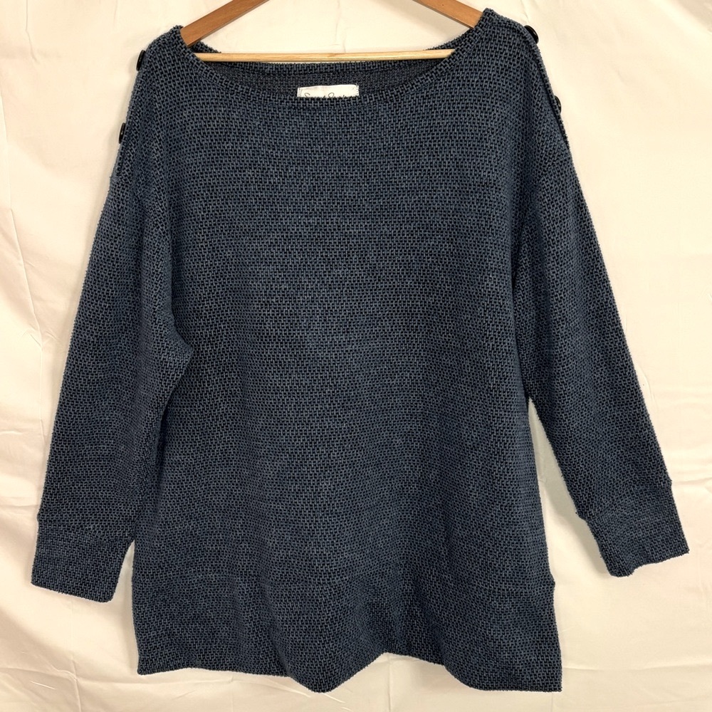 French Laundry Marled Dark Blue Waffle Knit Sweater w/Shoulder Button Accent 1X
